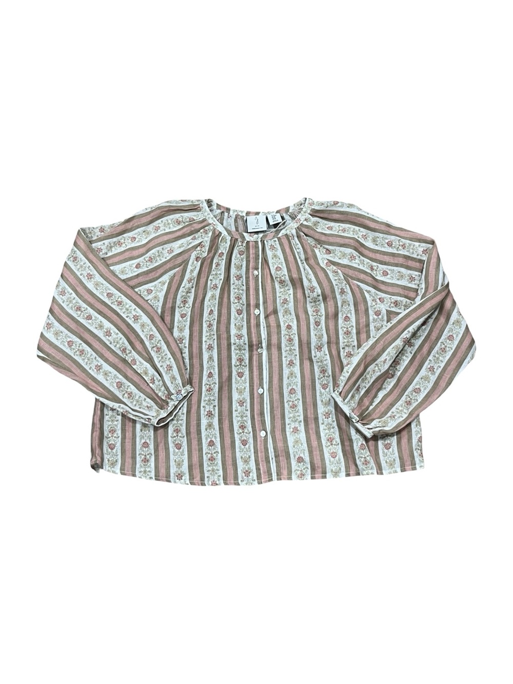 Joie 100% Linen Pink Floral Stripe Balloon Sleeve Peasant Blouse M NWT - Picture 5 of 11